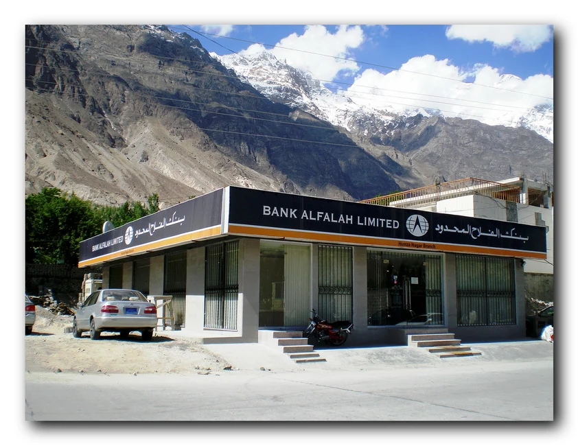 MASCON project: Bank Alfalah branch at Ali Abad, Hunza Nagar, with mountains behind the building